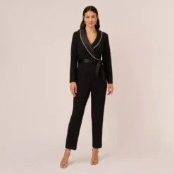 Adrianna Papell Long Sleeve Tuxedo Jumpsuit With Crystal Trim In Black