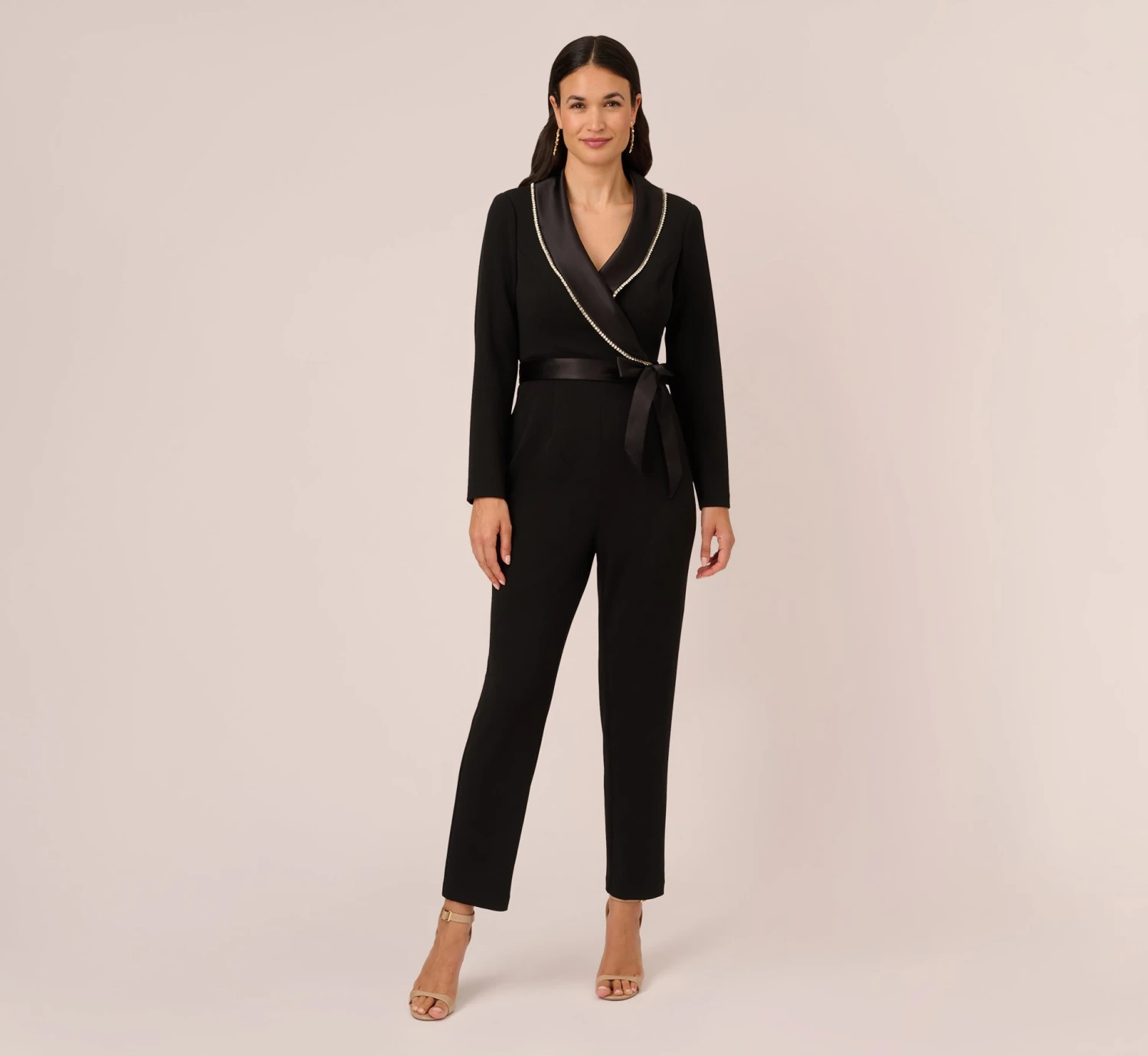 Adrianna Papell Long Sleeve Tuxedo Jumpsuit With Crystal Trim In Black 1 Adrianna Papell Long Sleeve Tuxedo Jumpsuit With Crystal Trim In Black