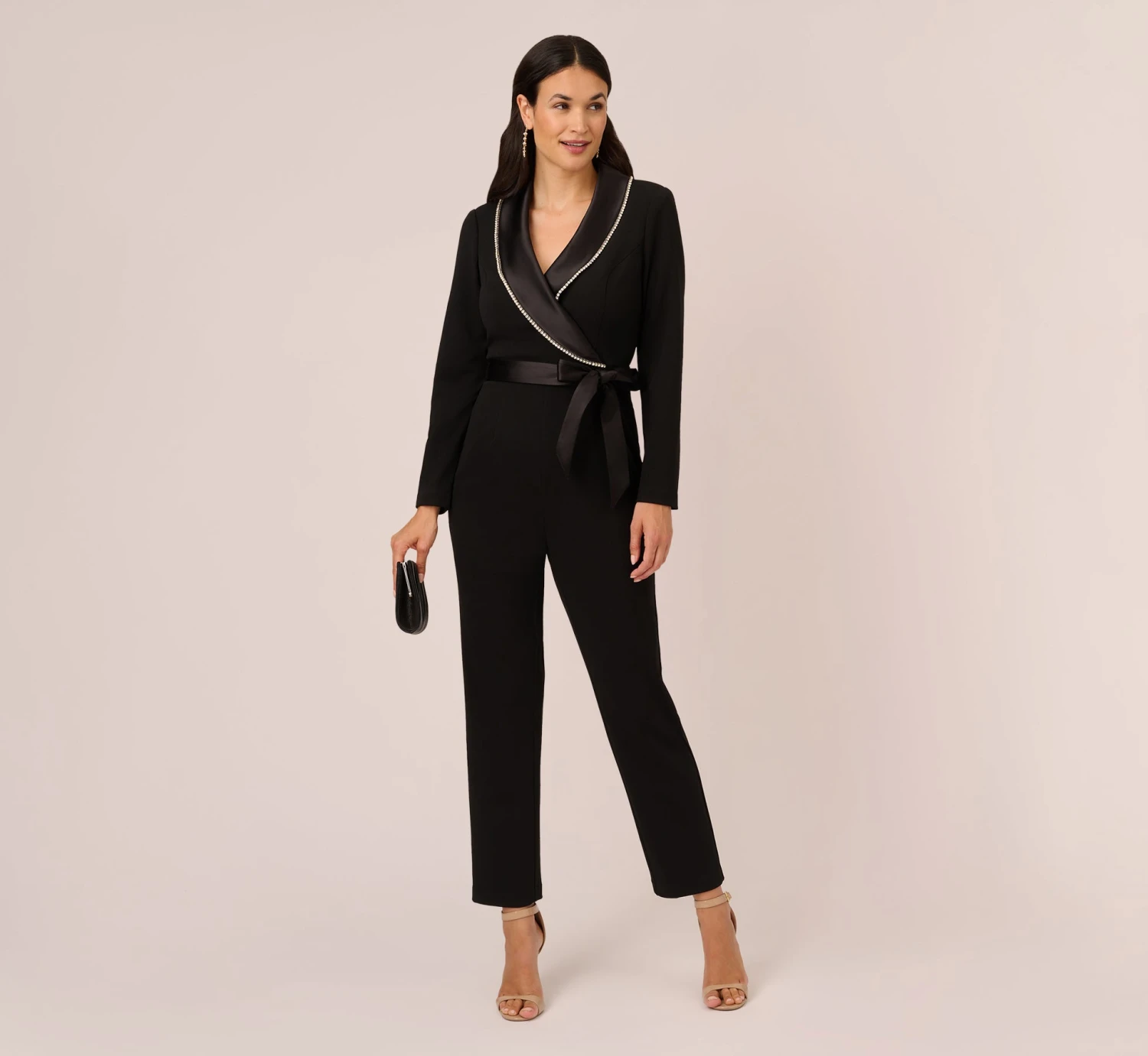 Adrianna Papell Long Sleeve Tuxedo Jumpsuit With Crystal Trim In Black 2 Adrianna Papell Long Sleeve Tuxedo Jumpsuit With Crystal Trim In Black - Image 2