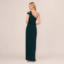 Adrianna Papell One Shoulder Column Gown With Cutout Shoulder In Hunter -Glam Mirth Sales AP1E210679 AE303 Regular Back