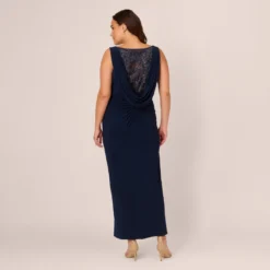 Adrianna Papell Plus Size Sleeveless Jersey Gown With Embellished Lace Cowl Back In Midnight 9 Adrianna Papell Plus Size Sleeveless Jersey Gown With Embellished Lace Cowl Back In Midnight -Glam Mirth Sales AP1E210681 AB411 Plus Back