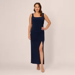 Adrianna Papell Plus Size Sleeveless Jersey Gown With Embellished Lace Cowl Back In Midnight