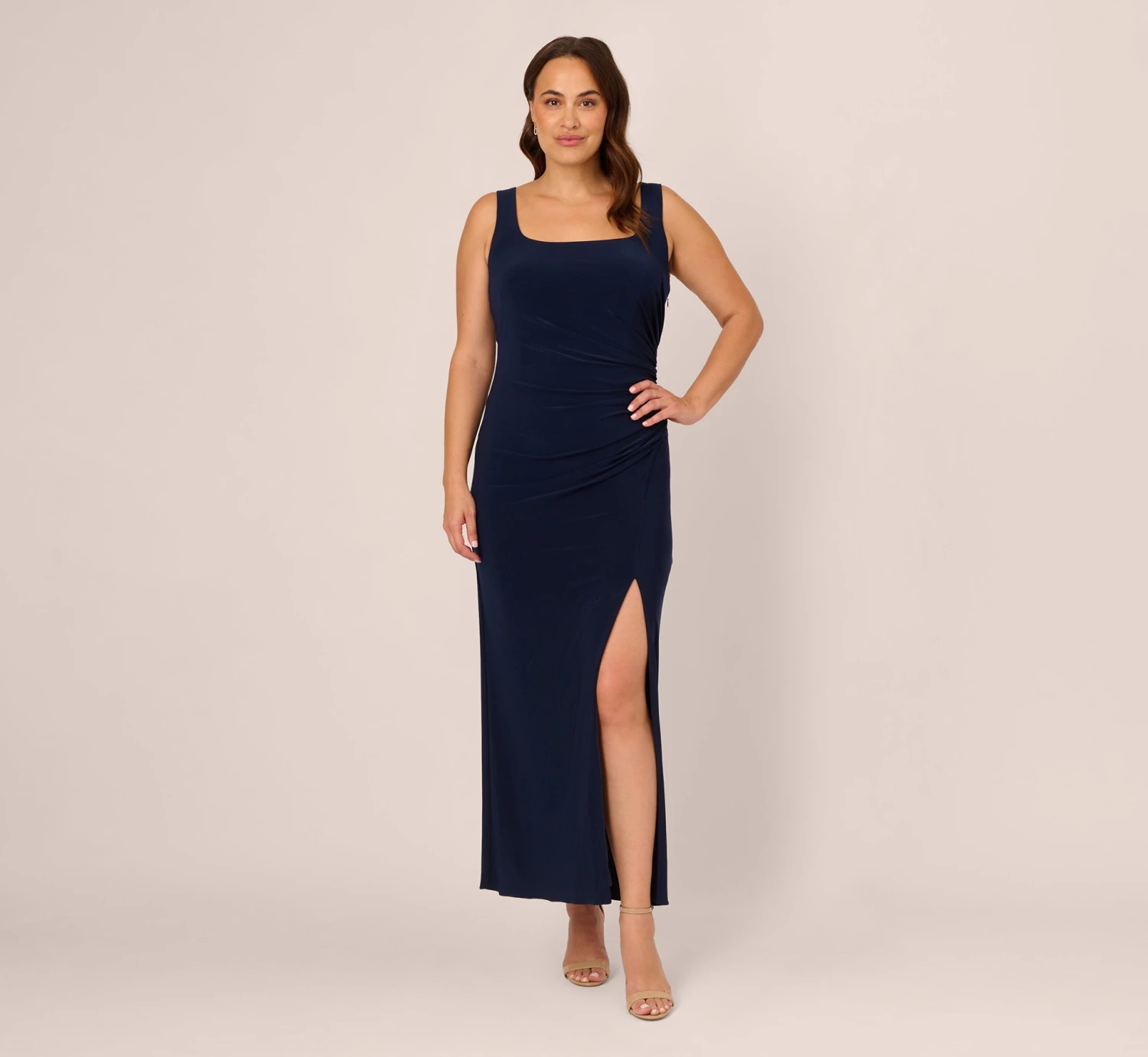 Adrianna Papell Plus Size Sleeveless Jersey Gown With Embellished Lace Cowl Back In Midnight 1 Adrianna Papell Plus Size Sleeveless Jersey Gown With Embellished Lace Cowl Back In Midnight