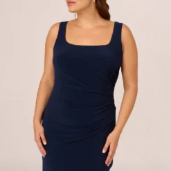 Adrianna Papell Plus Size Sleeveless Jersey Gown With Embellished Lace Cowl Back In Midnight 8 Adrianna Papell Plus Size Sleeveless Jersey Gown With Embellished Lace Cowl Back In Midnight -Glam Mirth Sales AP1E210681 AB411 Plus Detail