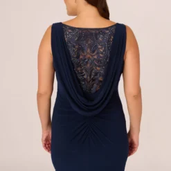 Adrianna Papell Plus Size Sleeveless Jersey Gown With Embellished Lace Cowl Back In Midnight 10 Adrianna Papell Plus Size Sleeveless Jersey Gown With Embellished Lace Cowl Back In Midnight -Glam Mirth Sales AP1E210681 AB411 Plus Lifestyle