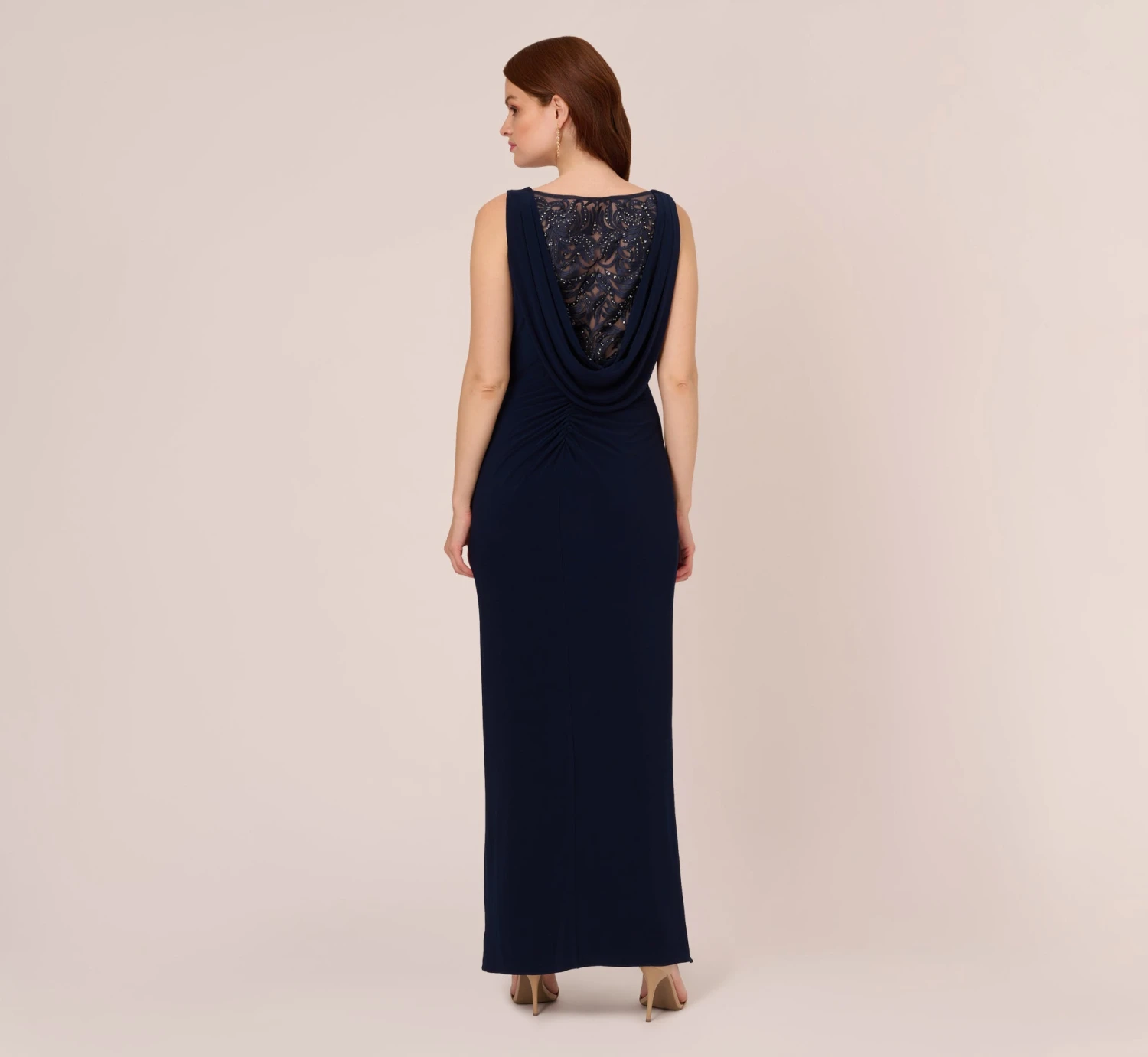 Adrianna Papell Sleeveless Jersey Gown With Embellished Lace Cowl Back In Midnight 4 Adrianna Papell Sleeveless Jersey Gown With Embellished Lace Cowl Back In Midnight - Image 4