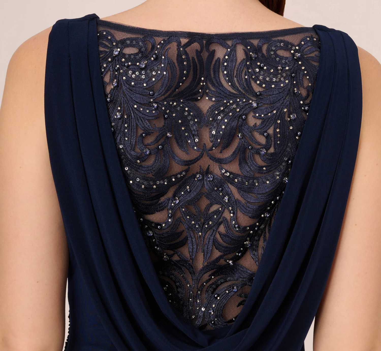 Adrianna Papell Sleeveless Jersey Gown With Embellished Lace Cowl Back In Midnight 3 Adrianna Papell Sleeveless Jersey Gown With Embellished Lace Cowl Back In Midnight - Image 3