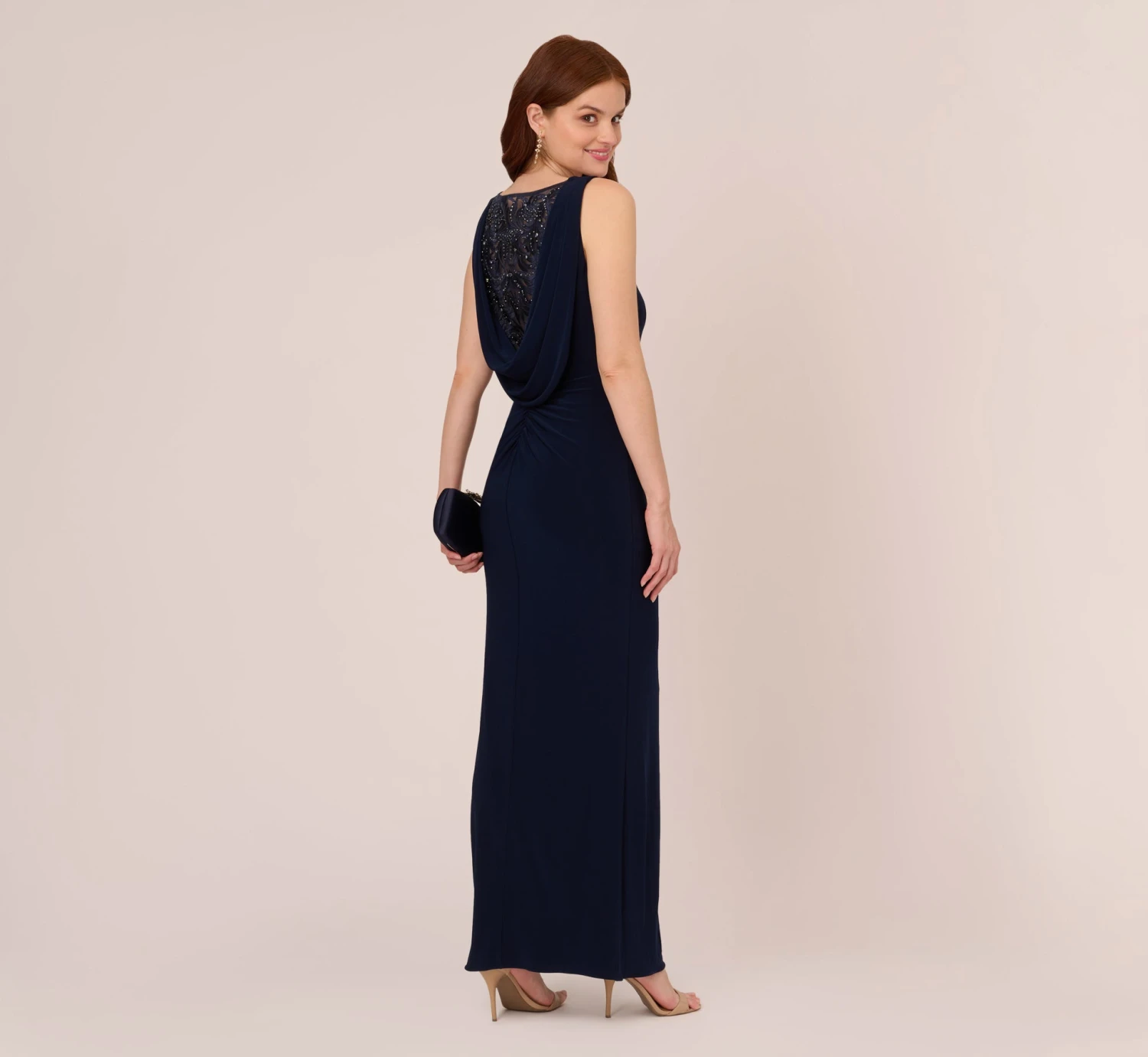 Adrianna Papell Sleeveless Jersey Gown With Embellished Lace Cowl Back In Midnight 2 Adrianna Papell Sleeveless Jersey Gown With Embellished Lace Cowl Back In Midnight - Image 2