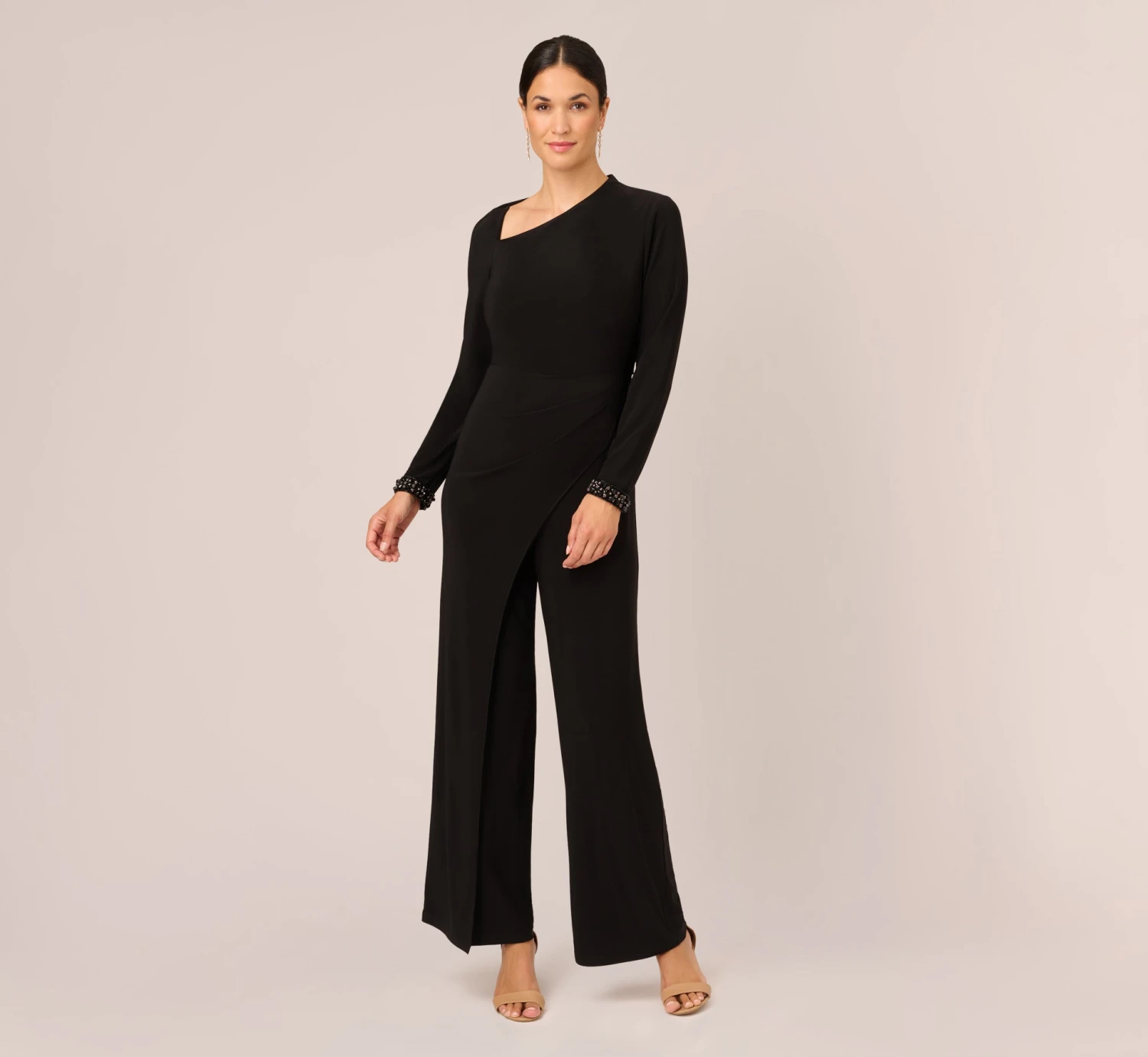 Adrianna Papell Embellished Jersey Jumpsuit With Asymmetric Neck In Black 1 Adrianna Papell Embellished Jersey Jumpsuit With Asymmetric Neck In Black