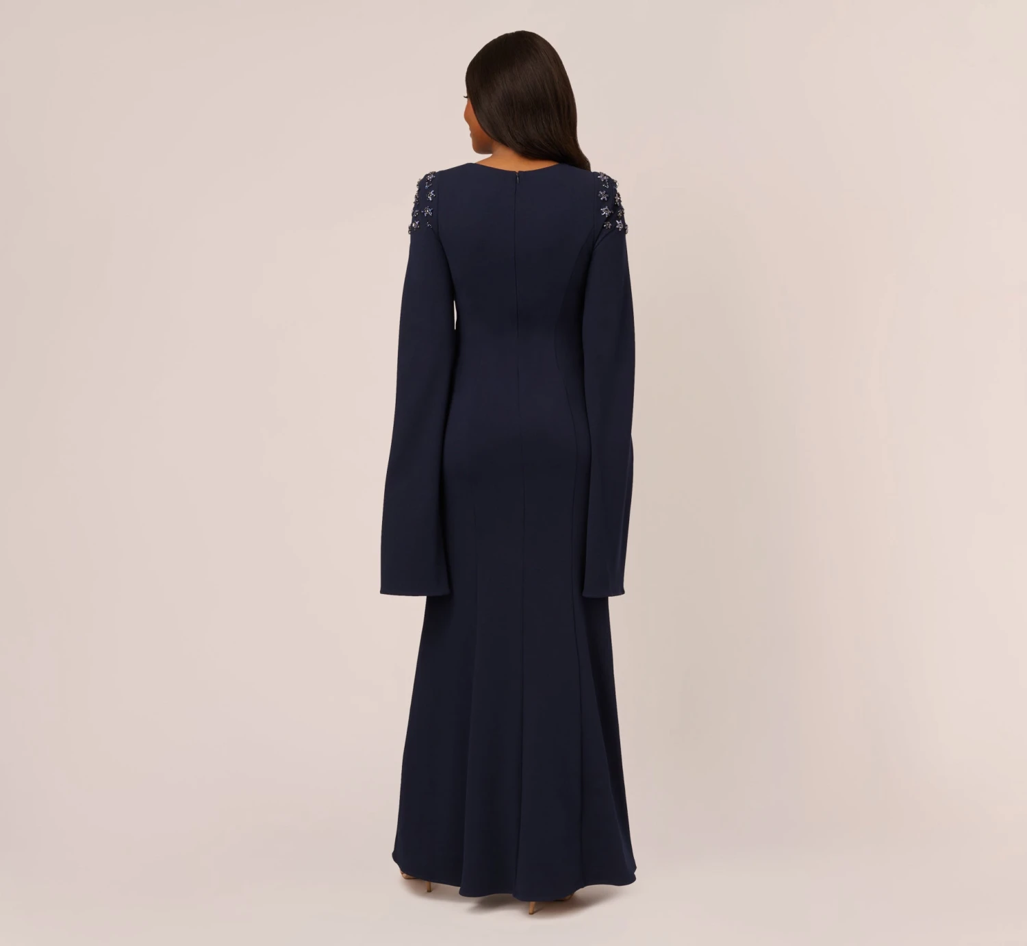 Adrianna Papell Crepe Mermaid Gown With Beaded Cape Sleeves In Midnight 4 Adrianna Papell Crepe Mermaid Gown With Beaded Cape Sleeves In Midnight - Image 4