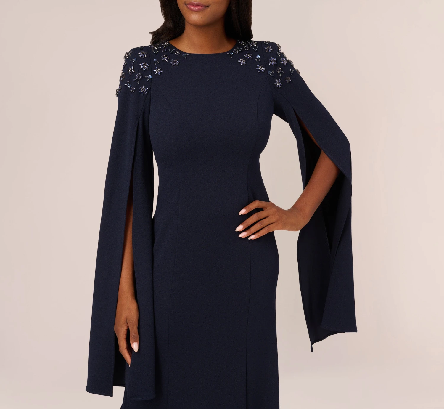 Adrianna Papell Crepe Mermaid Gown With Beaded Cape Sleeves In Midnight 3 Adrianna Papell Crepe Mermaid Gown With Beaded Cape Sleeves In Midnight - Image 3