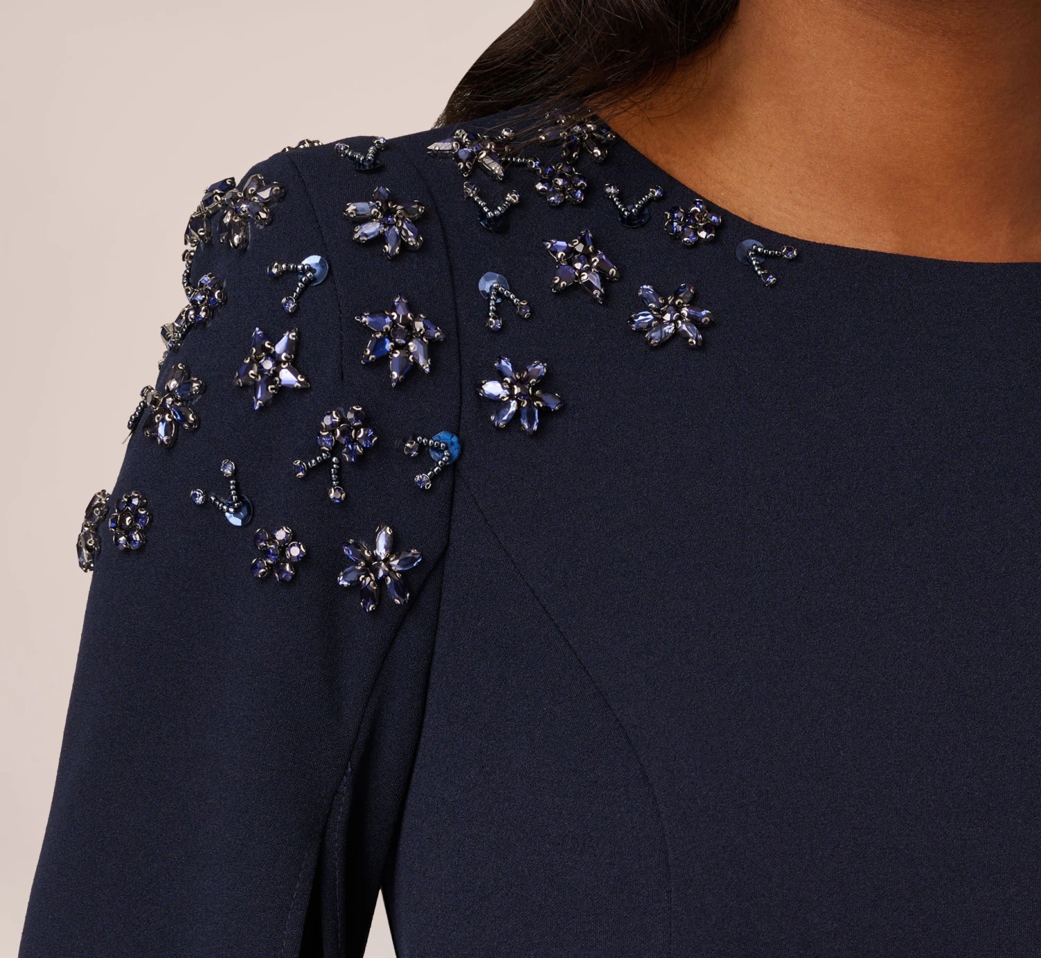 Adrianna Papell Crepe Mermaid Gown With Beaded Cape Sleeves In Midnight 5 Adrianna Papell Crepe Mermaid Gown With Beaded Cape Sleeves In Midnight - Image 5