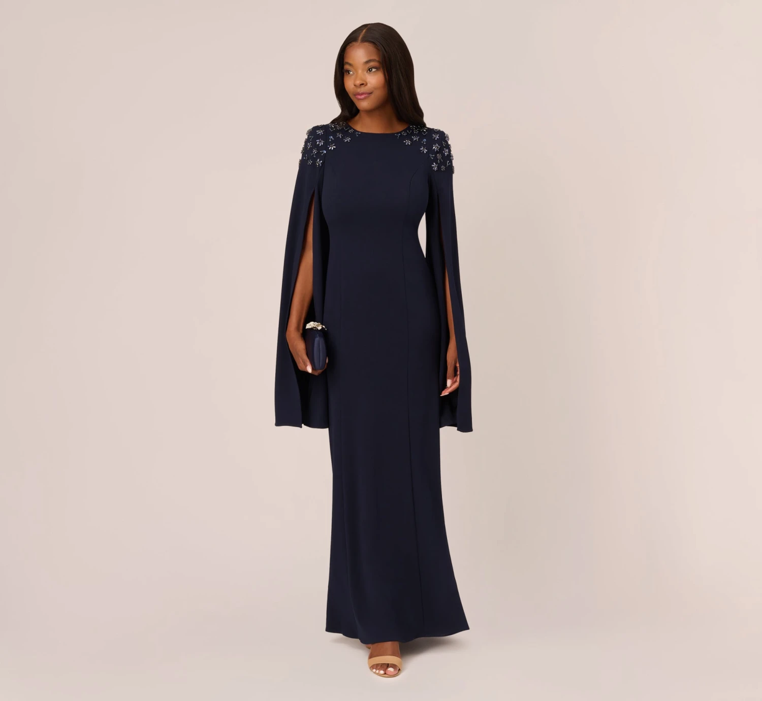 Adrianna Papell Crepe Mermaid Gown With Beaded Cape Sleeves In Midnight 2 Adrianna Papell Crepe Mermaid Gown With Beaded Cape Sleeves In Midnight - Image 2