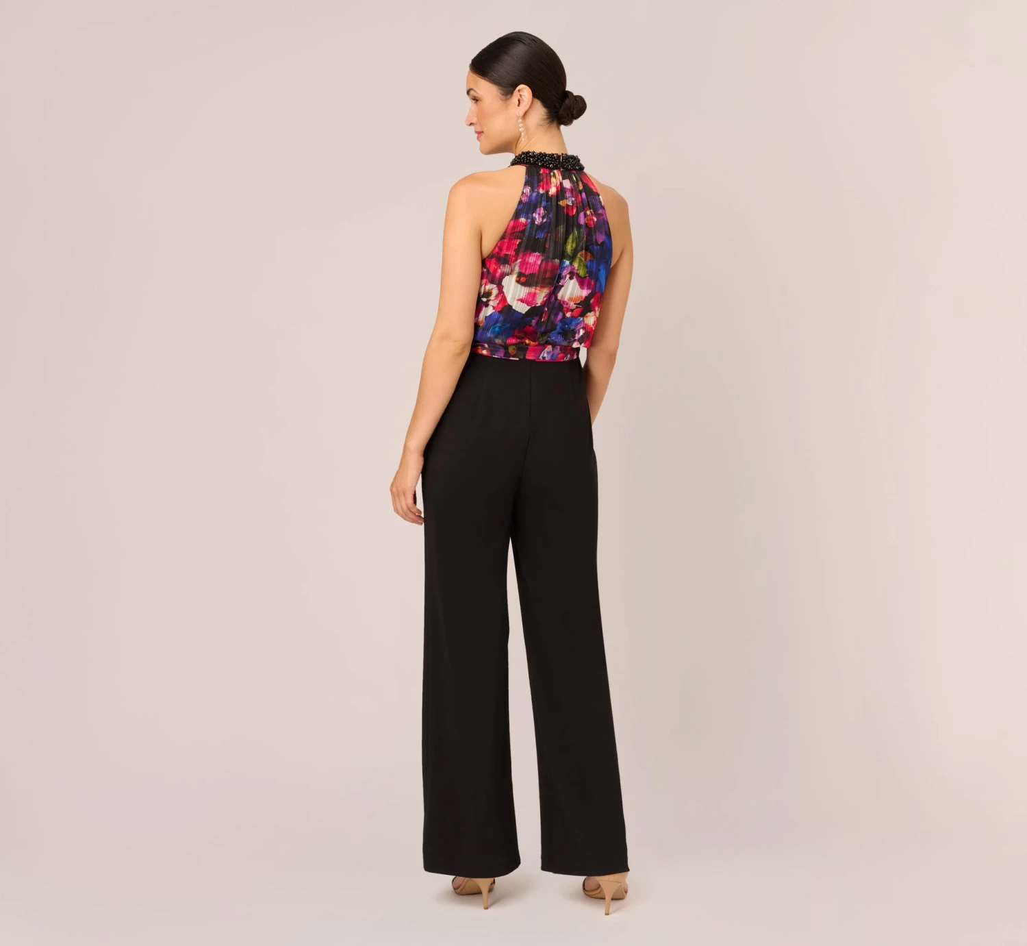 Adrianna Papell Halter Jumpsuit With Floral Print Bodice In Black Multi 5 Adrianna Papell Halter Jumpsuit With Floral Print Bodice In Black Multi - Image 5