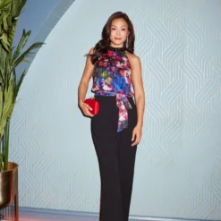 Adrianna Papell Halter Jumpsuit With Floral Print Bodice In Black Multi