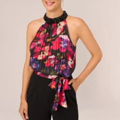 Adrianna Papell Halter Jumpsuit With Floral Print Bodice In Black Multi 10 Adrianna Papell Halter Jumpsuit With Floral Print Bodice In Black Multi -Glam Mirth Sales AP1E210757 AA960 Regular Detail