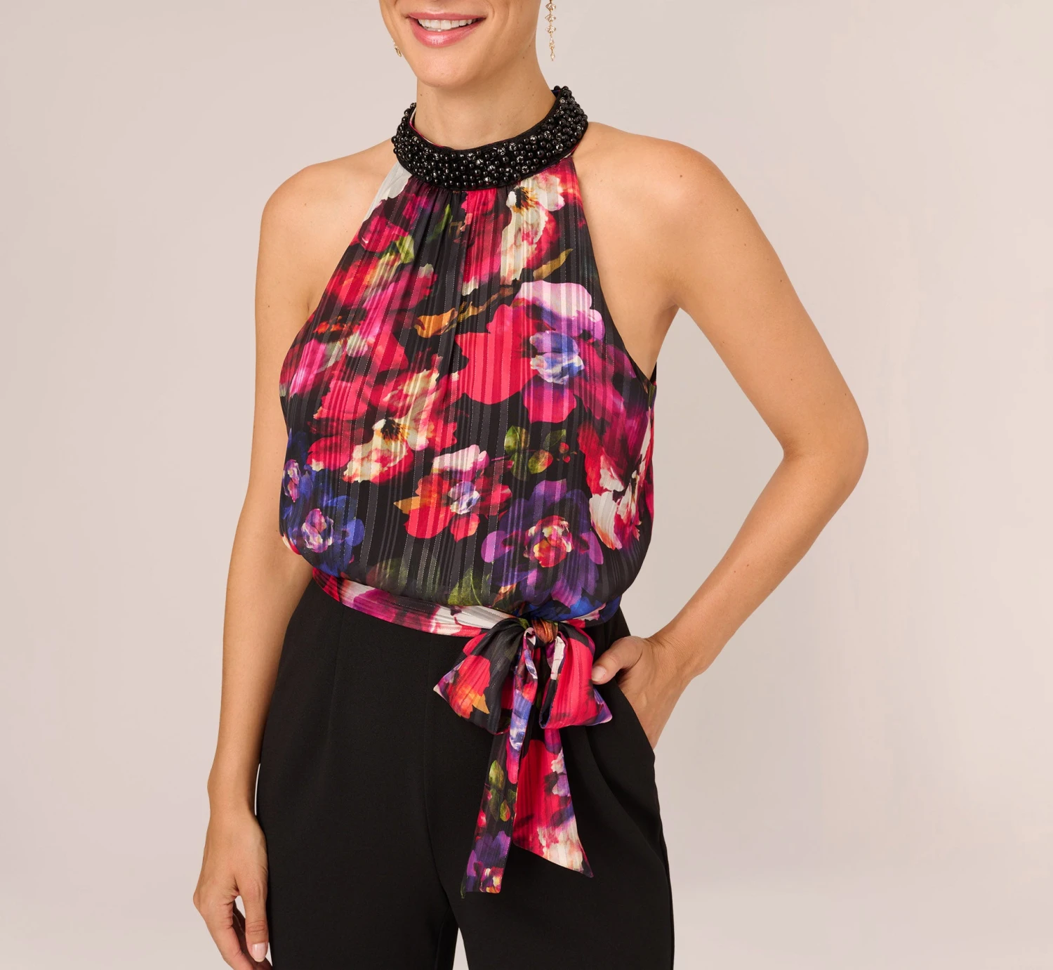 Adrianna Papell Halter Jumpsuit With Floral Print Bodice In Black Multi 4 Adrianna Papell Halter Jumpsuit With Floral Print Bodice In Black Multi - Image 4