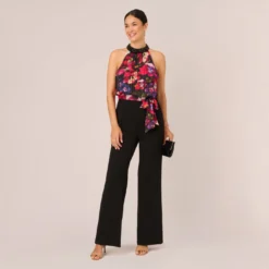 Adrianna Papell Halter Jumpsuit With Floral Print Bodice In Black Multi 9 Adrianna Papell Halter Jumpsuit With Floral Print Bodice In Black Multi -Glam Mirth Sales AP1E210757 AA960 Regular Side