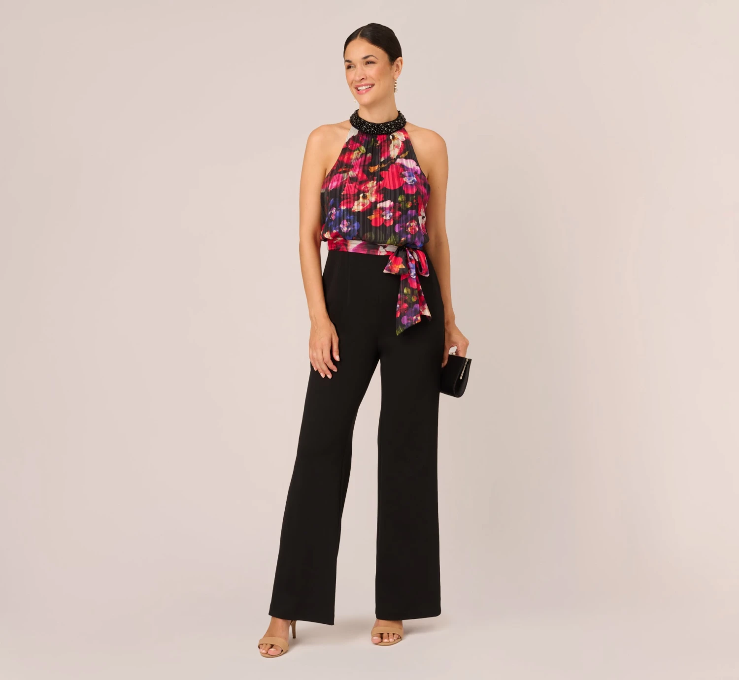 Adrianna Papell Halter Jumpsuit With Floral Print Bodice In Black Multi 3 Adrianna Papell Halter Jumpsuit With Floral Print Bodice In Black Multi - Image 3