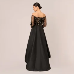 Adrianna Papell Beaded Taffeta Ball Gown With Three-Quarter Sleeves In Black Gold 9 Adrianna Papell Beaded Taffeta Ball Gown With Three-Quarter Sleeves In Black Gold -Glam Mirth Sales AP1E210782 AA967 Regular Back