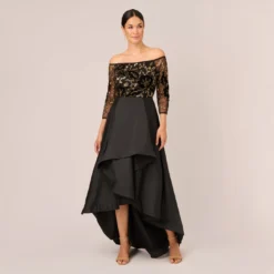 Adrianna Papell Beaded Taffeta Ball Gown With Three-Quarter Sleeves In Black Gold