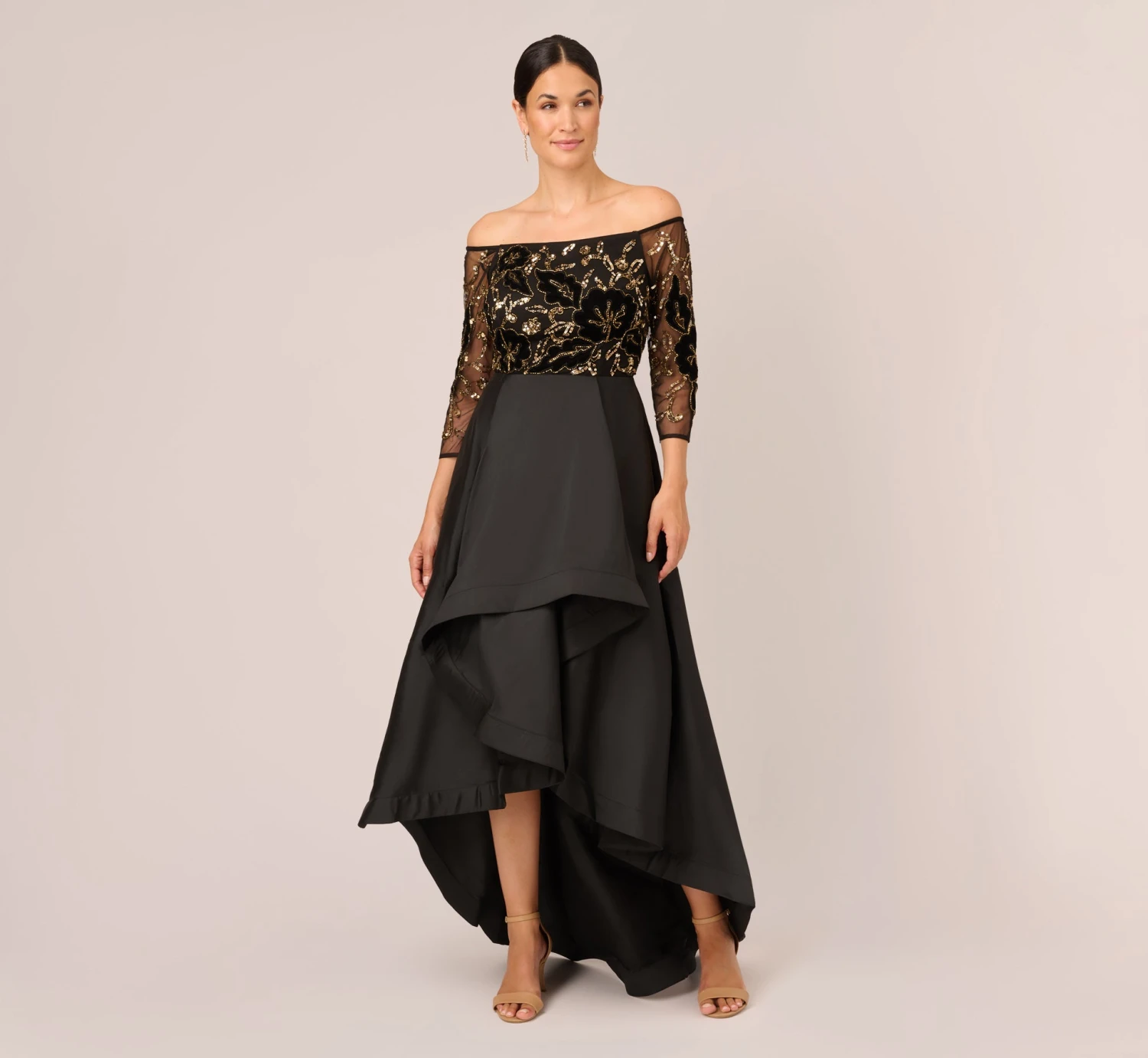 Adrianna Papell Beaded Taffeta Ball Gown With Three-Quarter Sleeves In Black Gold 1 Adrianna Papell Beaded Taffeta Ball Gown With Three-Quarter Sleeves In Black Gold