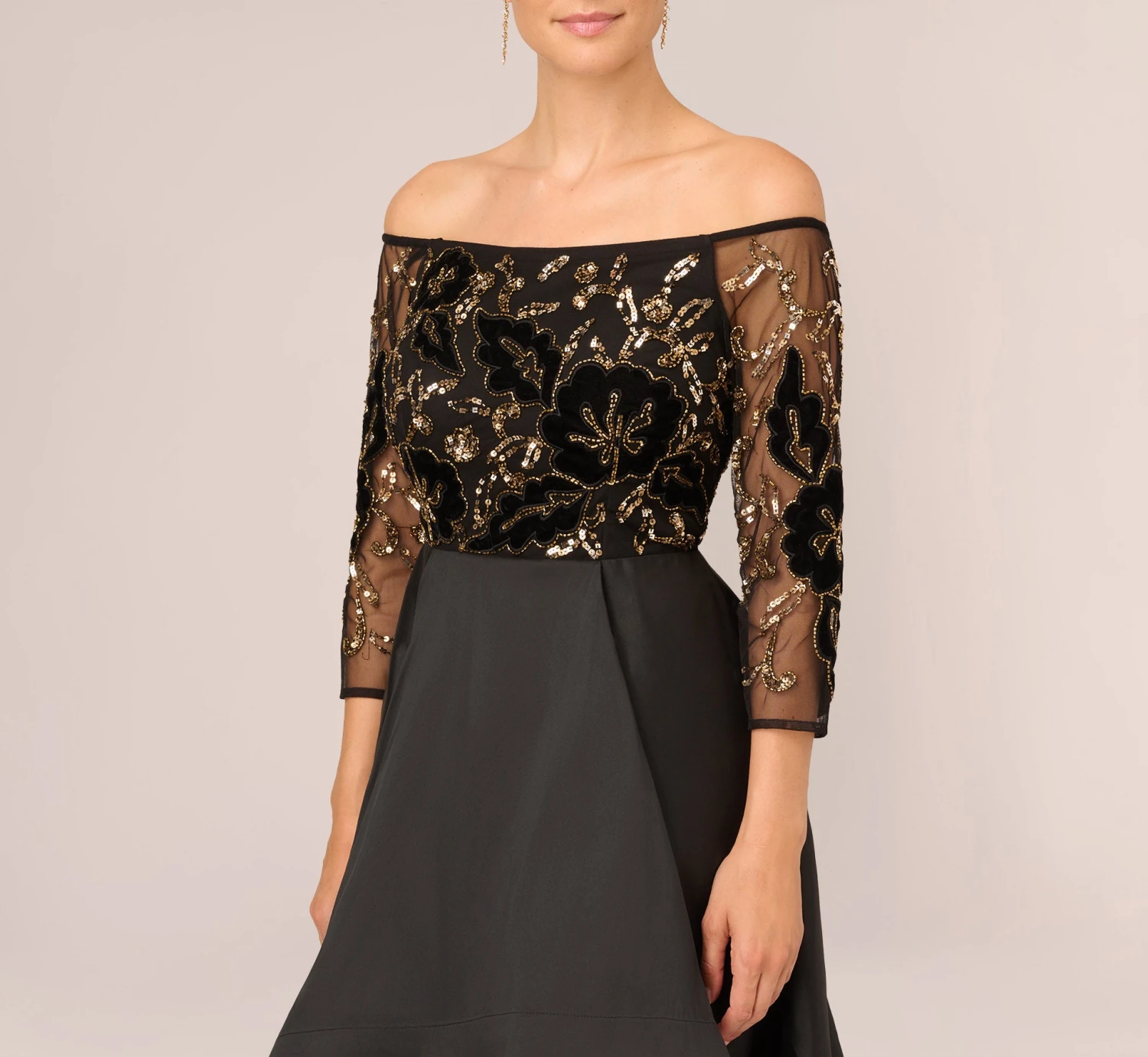 Adrianna Papell Beaded Taffeta Ball Gown With Three-Quarter Sleeves In Black Gold 3 Adrianna Papell Beaded Taffeta Ball Gown With Three-Quarter Sleeves In Black Gold - Image 3