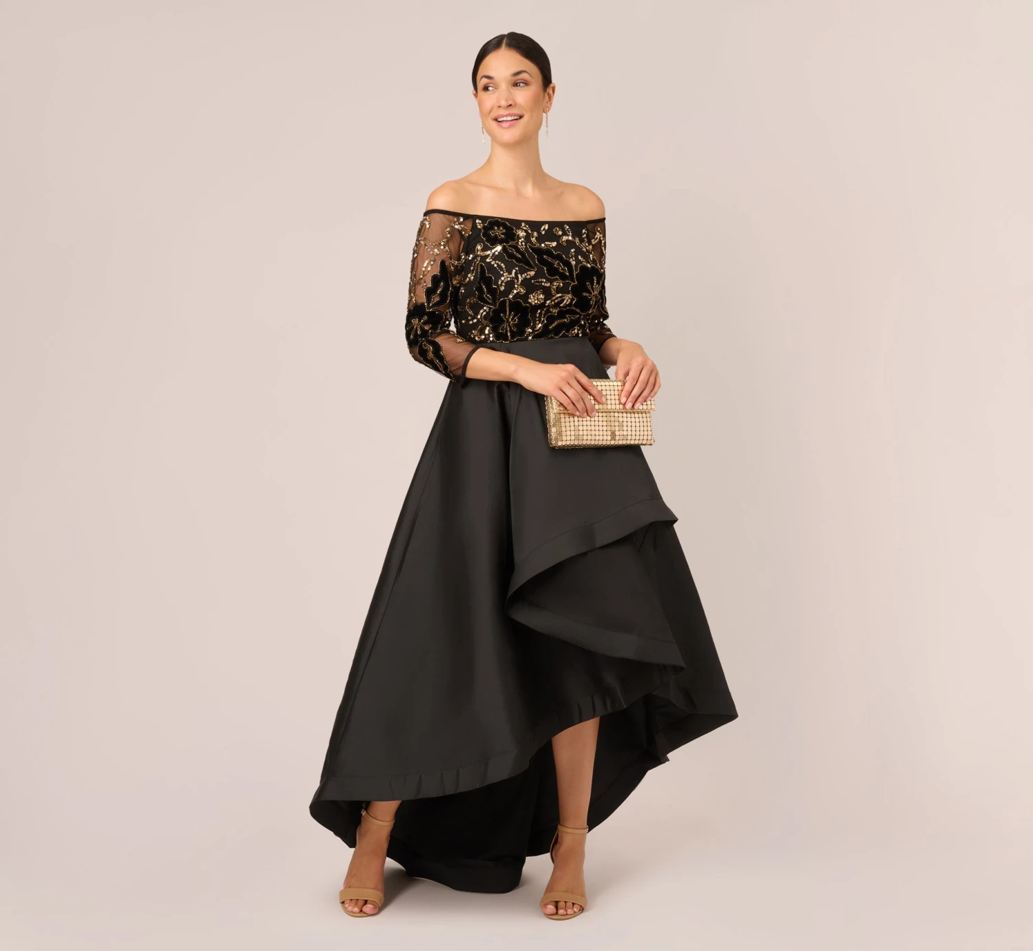 Adrianna Papell Beaded Taffeta Ball Gown With Three-Quarter Sleeves In Black Gold 2 Adrianna Papell Beaded Taffeta Ball Gown With Three-Quarter Sleeves In Black Gold - Image 2