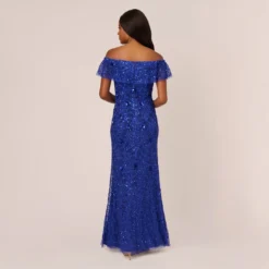 Adrianna Papell Beaded Off The Shoulder Mermaid Gown With Flutter Neck In Ultra Blue 11 Adrianna Papell Beaded Off The Shoulder Mermaid Gown With Flutter Neck In Ultra Blue -Glam Mirth Sales AP1E210785 AZ401 Regular Back