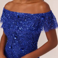 Adrianna Papell Beaded Off The Shoulder Mermaid Gown With Flutter Neck In Ultra Blue 10 Adrianna Papell Beaded Off The Shoulder Mermaid Gown With Flutter Neck In Ultra Blue -Glam Mirth Sales AP1E210785 AZ401 Regular Detail