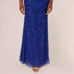 Adrianna Papell Beaded Off The Shoulder Mermaid Gown With Flutter Neck In Ultra Blue 12 Adrianna Papell Beaded Off The Shoulder Mermaid Gown With Flutter Neck In Ultra Blue -Glam Mirth Sales AP1E210785 AZ401 Regular Lifestyle