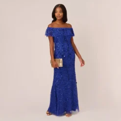 Adrianna Papell Beaded Off The Shoulder Mermaid Gown With Flutter Neck In Ultra Blue 9 Adrianna Papell Beaded Off The Shoulder Mermaid Gown With Flutter Neck In Ultra Blue -Glam Mirth Sales AP1E210785 AZ401 Regular Side