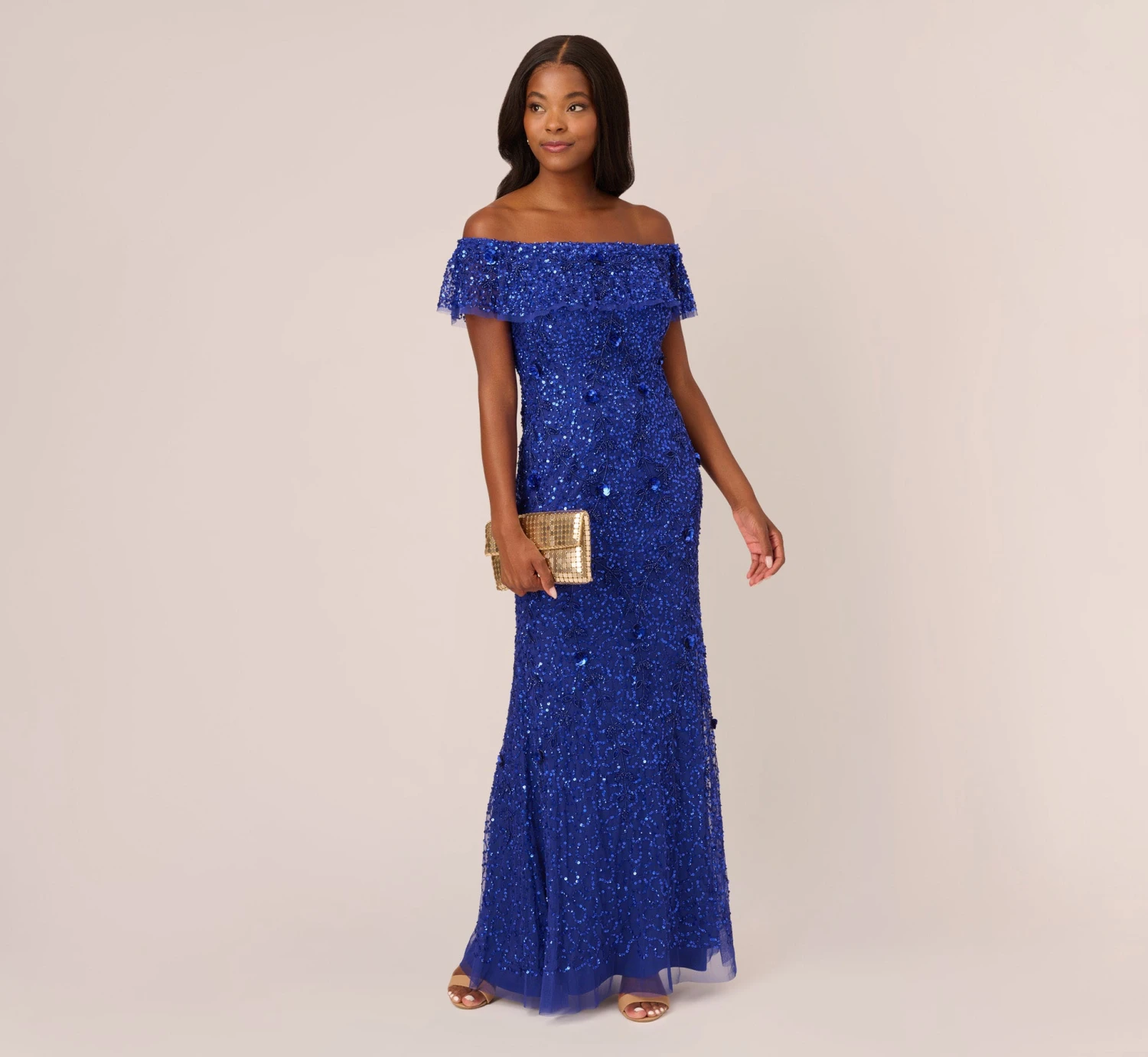 Adrianna Papell Beaded Off The Shoulder Mermaid Gown With Flutter Neck In Ultra Blue 3 Adrianna Papell Beaded Off The Shoulder Mermaid Gown With Flutter Neck In Ultra Blue - Image 3