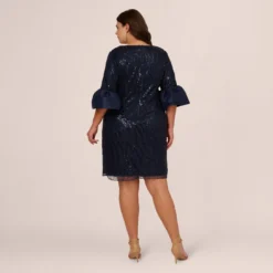 Adrianna Papell Plus Size Sequin Embroidered Dress With Taffeta Bell Sleeves In Midnight 10 Adrianna Papell Plus Size Sequin Embroidered Dress With Taffeta Bell Sleeves In Midnight -Glam Mirth Sales AP1E210796 AB411 Plus Back