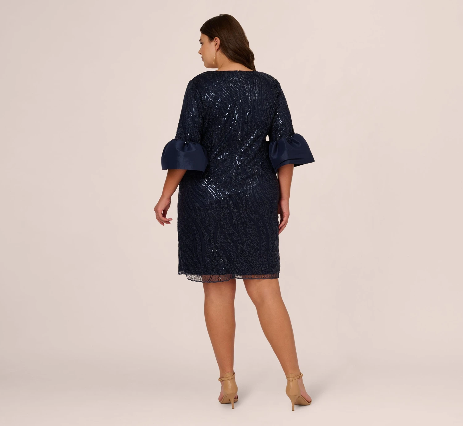 Adrianna Papell Plus Size Sequin Embroidered Dress With Taffeta Bell Sleeves In Midnight 4 Adrianna Papell Plus Size Sequin Embroidered Dress With Taffeta Bell Sleeves In Midnight - Image 4