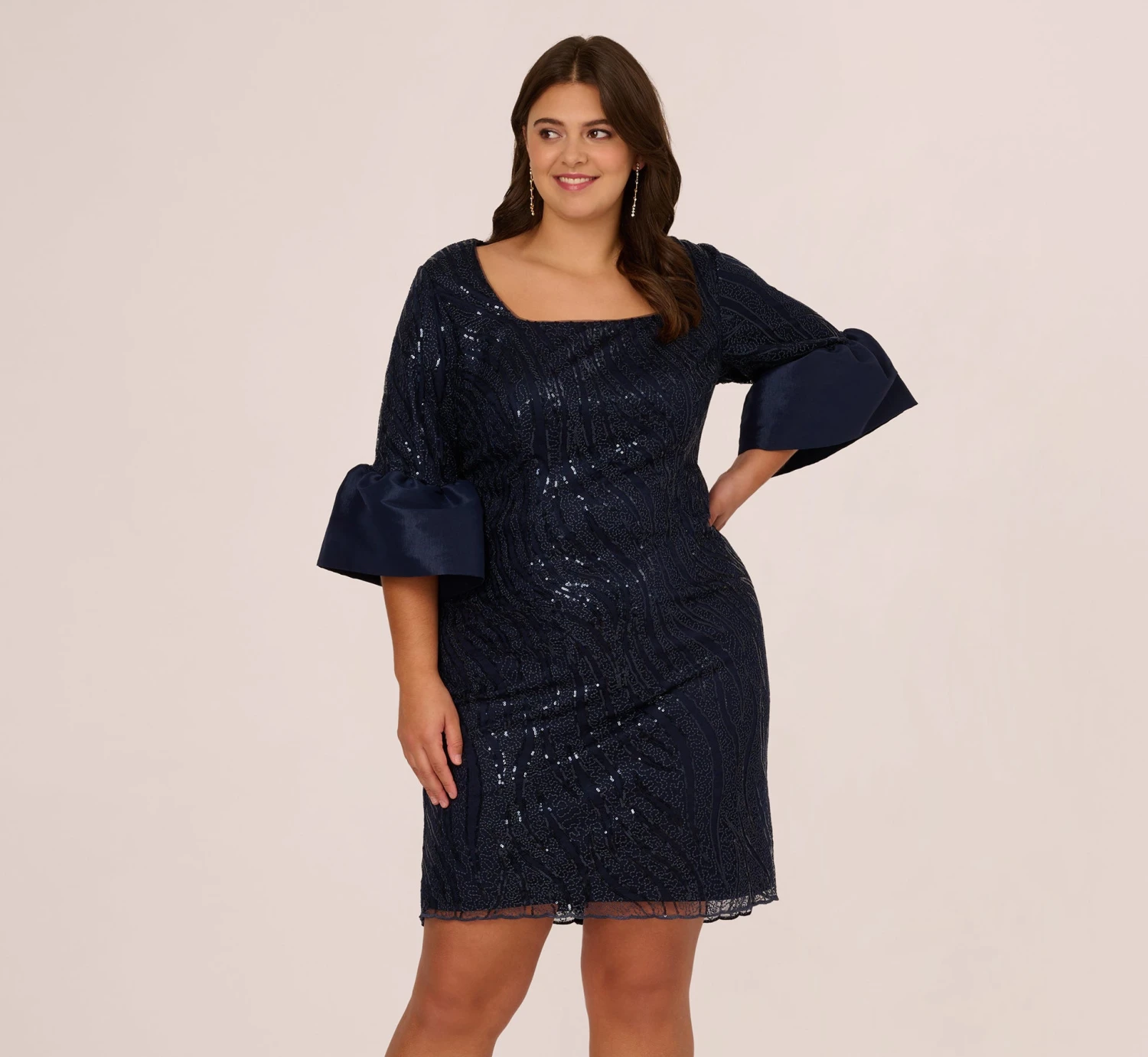 Adrianna Papell Plus Size Sequin Embroidered Dress With Taffeta Bell Sleeves In Midnight 1 Adrianna Papell Plus Size Sequin Embroidered Dress With Taffeta Bell Sleeves In Midnight