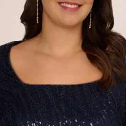 Adrianna Papell Plus Size Sequin Embroidered Dress With Taffeta Bell Sleeves In Midnight 9 Adrianna Papell Plus Size Sequin Embroidered Dress With Taffeta Bell Sleeves In Midnight -Glam Mirth Sales AP1E210796 AB411 Plus Detail