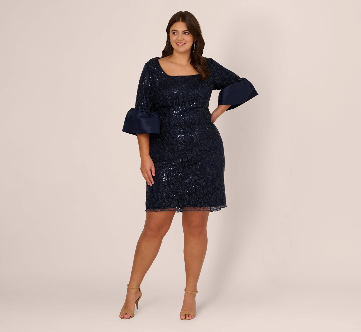Adrianna Papell Plus Size Sequin Embroidered Dress With Taffeta Bell Sleeves In Midnight 6 Adrianna Papell Plus Size Sequin Embroidered Dress With Taffeta Bell Sleeves In Midnight - Image 6