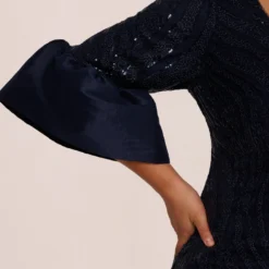 Adrianna Papell Plus Size Sequin Embroidered Dress With Taffeta Bell Sleeves In Midnight 11 Adrianna Papell Plus Size Sequin Embroidered Dress With Taffeta Bell Sleeves In Midnight -Glam Mirth Sales AP1E210796 AB411 Plus Lifestyle