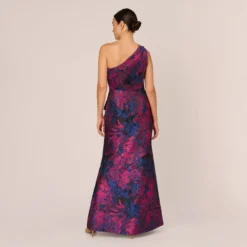 Adrianna Papell One Shoulder Jacquard Mermaid Gown With Drape Detail In Navy Orchid -Glam Mirth Sales AP1E210810 BG411 Regular Back