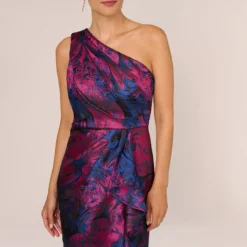Adrianna Papell One Shoulder Jacquard Mermaid Gown With Drape Detail In Navy Orchid -Glam Mirth Sales AP1E210810 BG411 Regular Detail