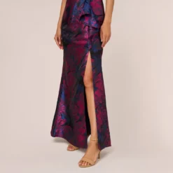 Adrianna Papell One Shoulder Jacquard Mermaid Gown With Drape Detail In Navy Orchid -Glam Mirth Sales AP1E210810 BG411 Regular Lifestyle