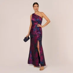 Adrianna Papell One Shoulder Jacquard Mermaid Gown With Drape Detail In Navy Orchid -Glam Mirth Sales AP1E210810 BG411 Regular Side