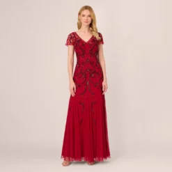 Adrianna Papell Short Sleeve Beaded Gown With Godet Skirt In Cranberry