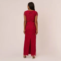 Adrianna Papell Beaded Scalloped Popover Gown With Short Sleeves In Cranberry 9 Adrianna Papell Beaded Scalloped Popover Gown With Short Sleeves In Cranberry -Glam Mirth Sales AP1E210817 AD601 Regular Back