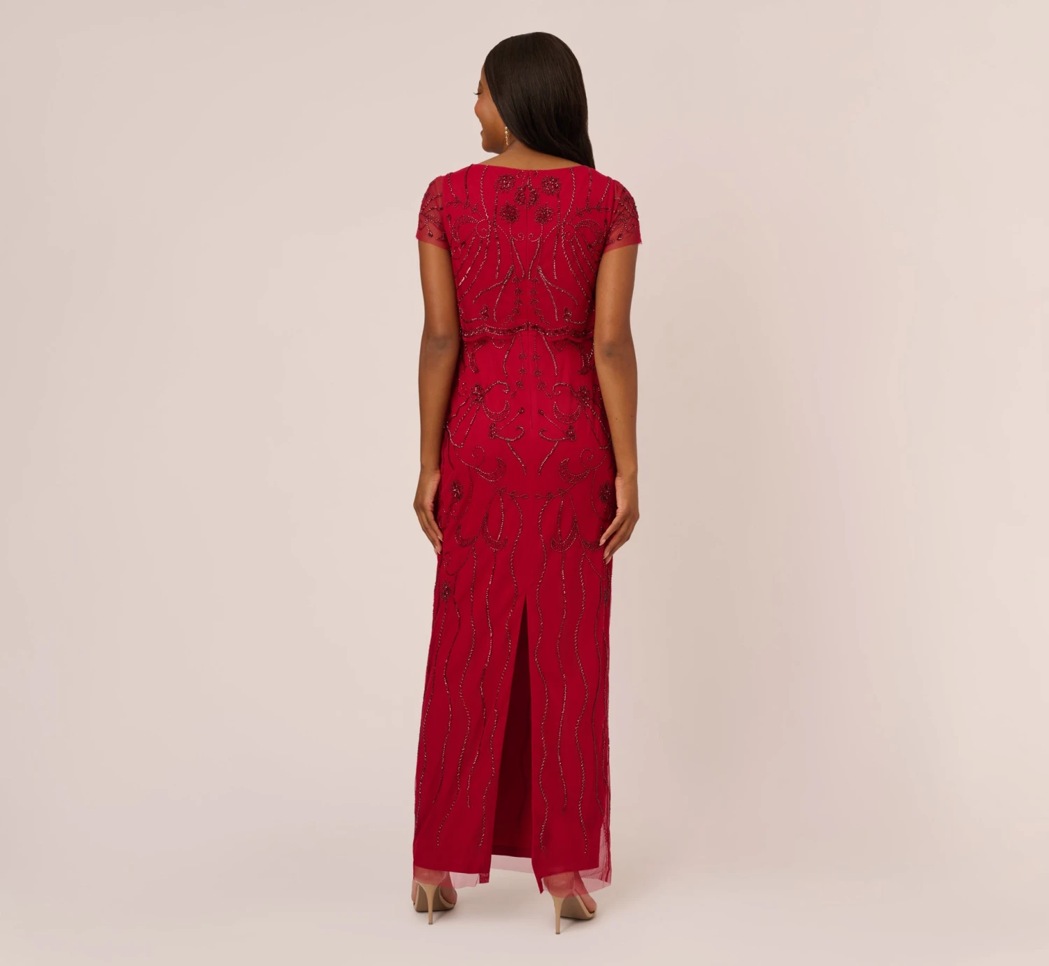 Adrianna Papell Beaded Scalloped Popover Gown With Short Sleeves In Cranberry 4 Adrianna Papell Beaded Scalloped Popover Gown With Short Sleeves In Cranberry - Image 4
