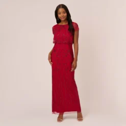 Adrianna Papell Beaded Scalloped Popover Gown With Short Sleeves In Cranberry