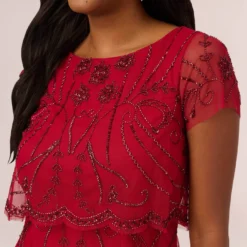 Adrianna Papell Beaded Scalloped Popover Gown With Short Sleeves In Cranberry 8 Adrianna Papell Beaded Scalloped Popover Gown With Short Sleeves In Cranberry -Glam Mirth Sales AP1E210817 AD601 Regular Detail