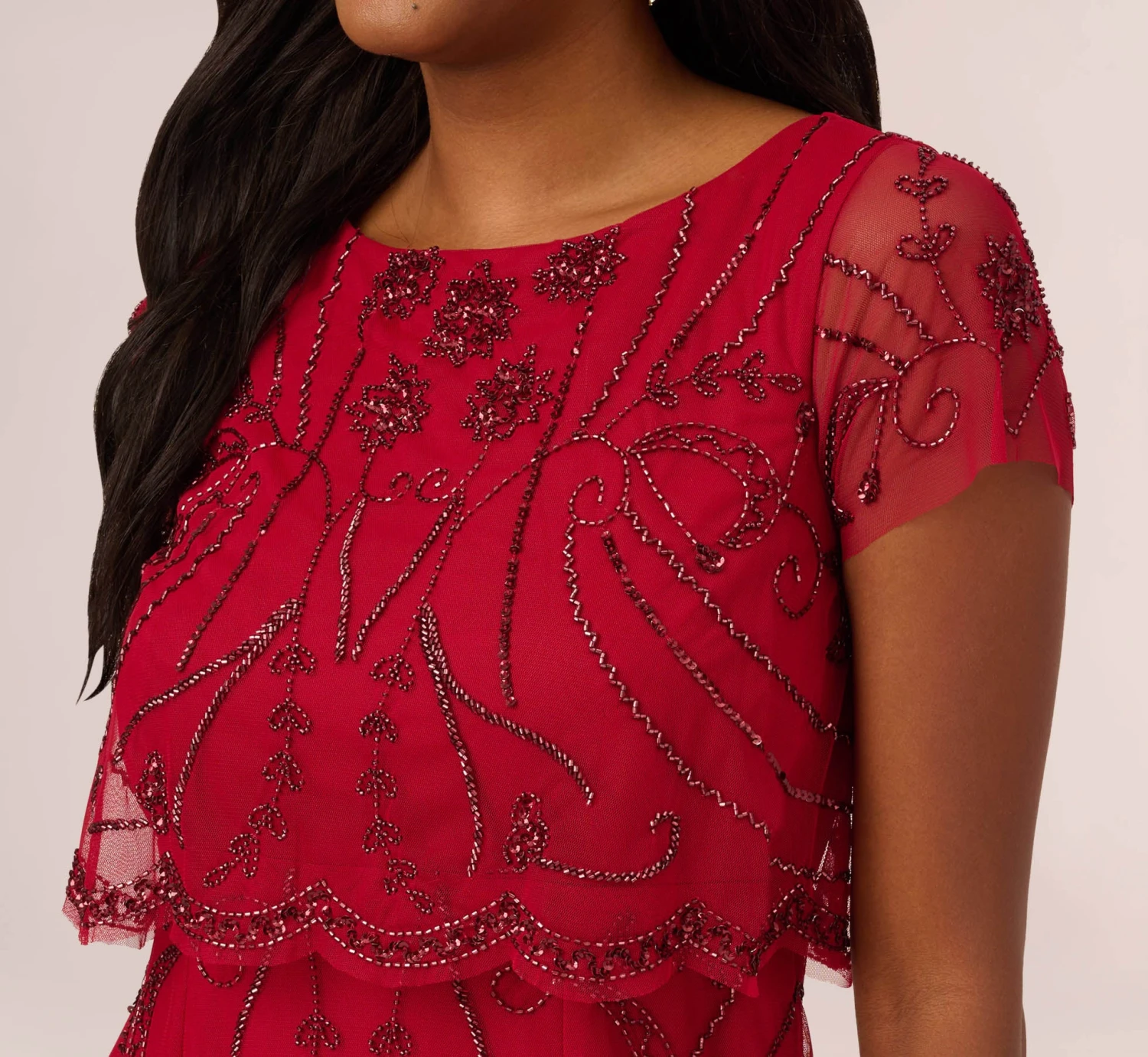 Adrianna Papell Beaded Scalloped Popover Gown With Short Sleeves In Cranberry 3 Adrianna Papell Beaded Scalloped Popover Gown With Short Sleeves In Cranberry - Image 3