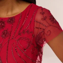 Adrianna Papell Beaded Scalloped Popover Gown With Short Sleeves In Cranberry 10 Adrianna Papell Beaded Scalloped Popover Gown With Short Sleeves In Cranberry -Glam Mirth Sales AP1E210817 AD601 Regular Lifestyle